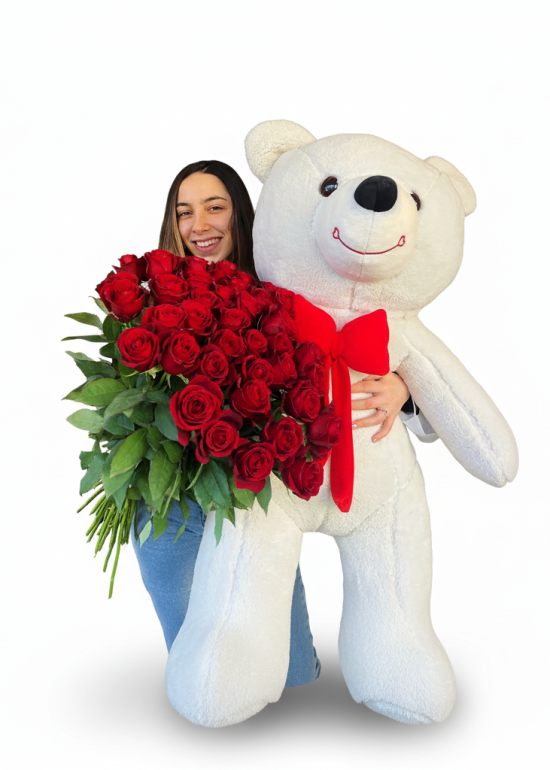 Huge Bear And 35 Red Roses