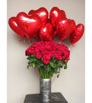 201 Red Roses & 10 Flying Heart Ballon