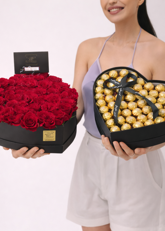 Romantic Heart Box – 51 Roses & Ferrero
