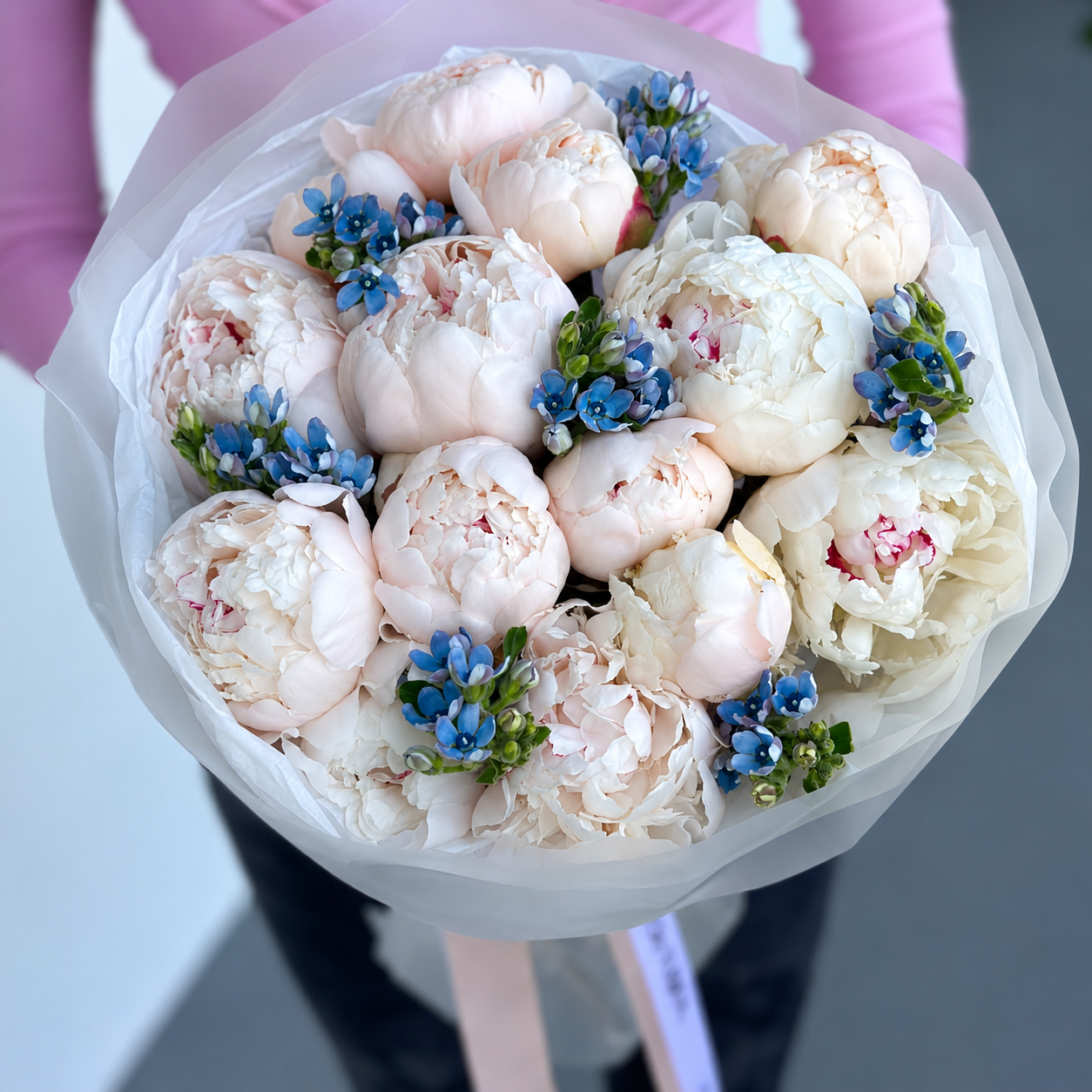 Pure Devotion – 15 White Peonies & Blue Oxypetalum Bouquet Pure Devotion – 15 White Peonies & Blue Oxypetalum Bouquet